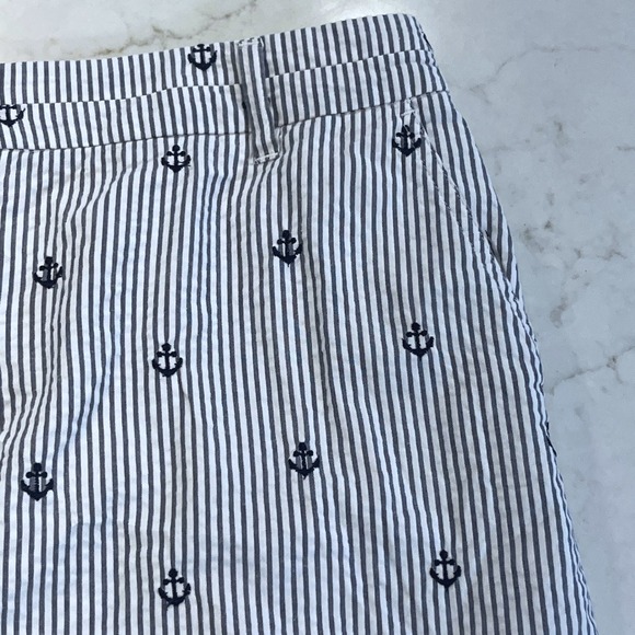 British Khaki Seersucker Mini Skirt Womens 8 Blue White Nautical Striped Anchor - Picture 4 of 7